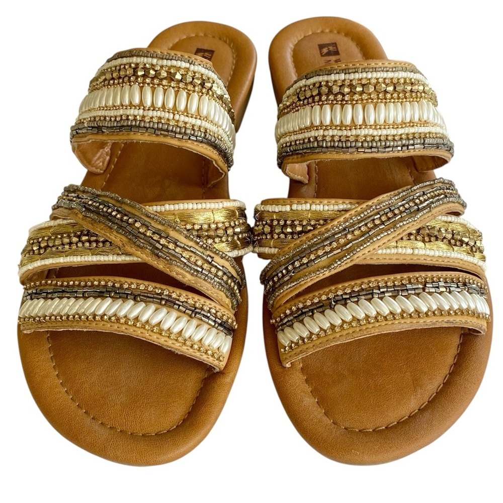 WHITE MOUNTAIN Sandals Beaded Crisscross SlipOn Tan Gold White Bronze Women 8.5